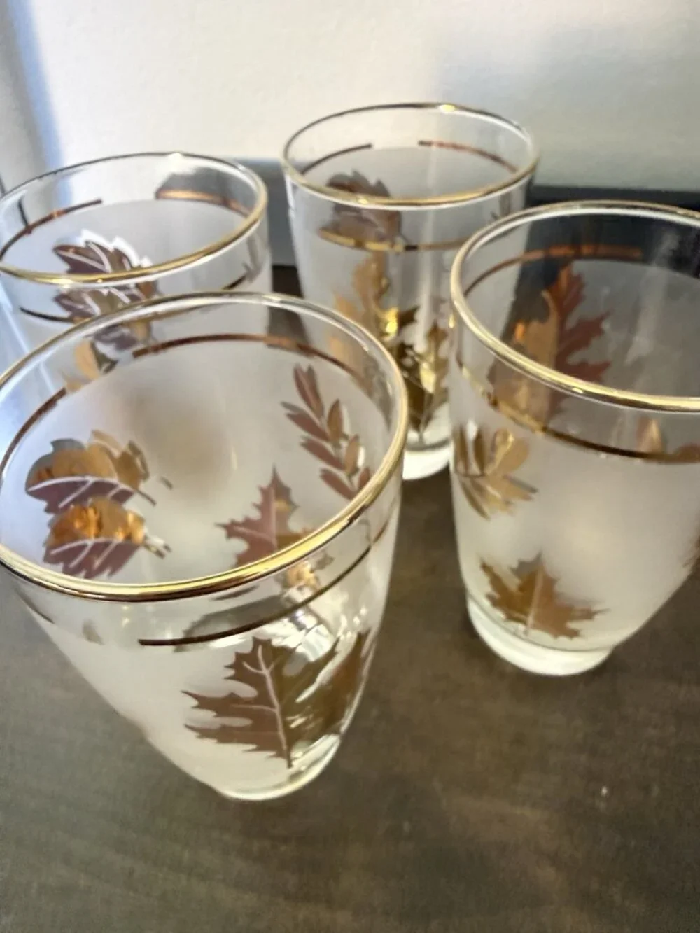 5 Vintage Libby Glass Company Tumblers Golden Foliage Pattern Frost Finish 22K